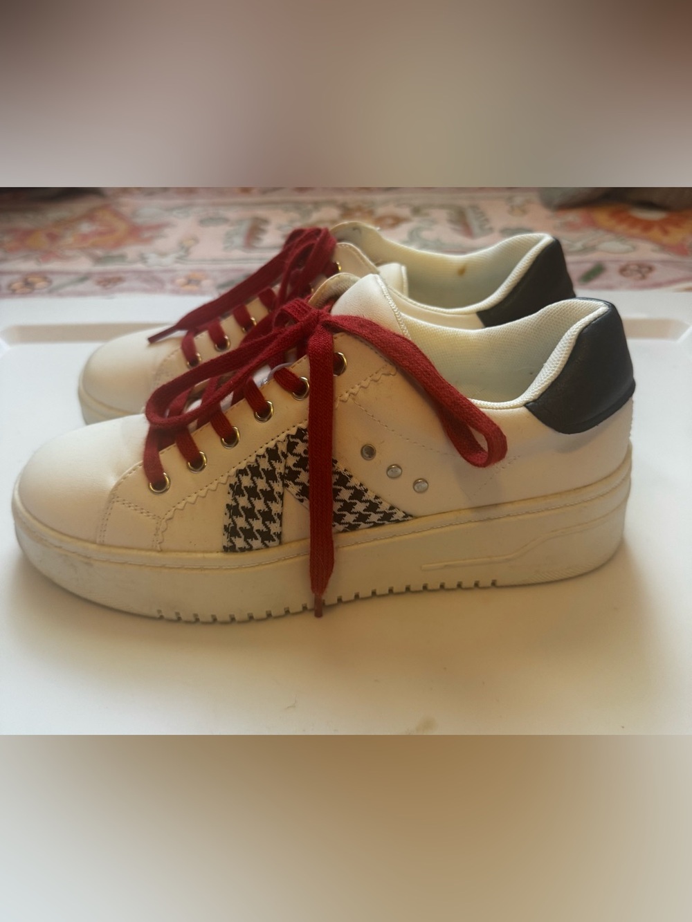 Platform Houndstooth Accent Sneakers with Red Laces